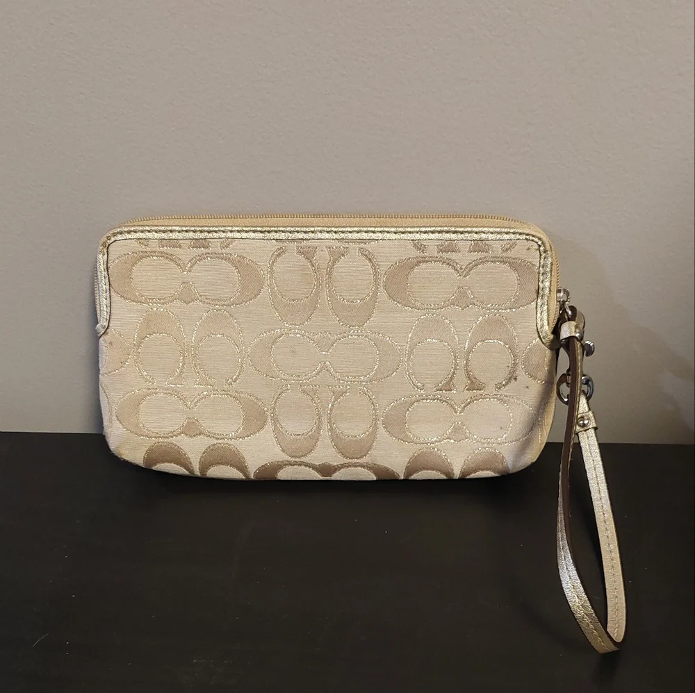 COACH Signature C Canvas and Metallic Leather 3 Pocket Large Wristlet